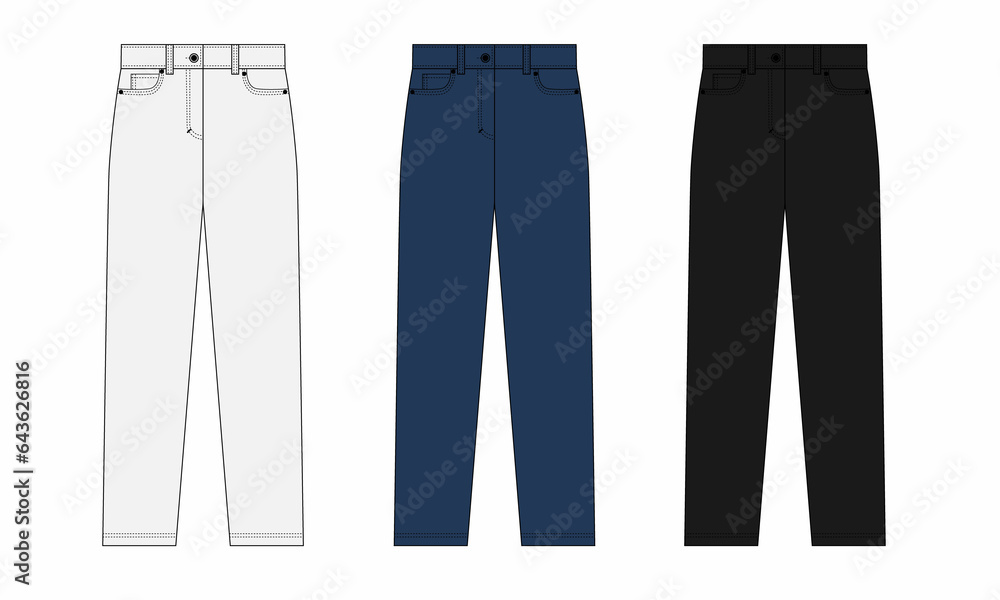 set of jeans isolated on white. Drawing of straight jeans in white, blue, black colors. Technical drawing of simple jeans with five pockets. set of jeans isolated on white. Drawing of straight jeans in white, blue, black colors. Technical drawing of simple jeans with five pockets.