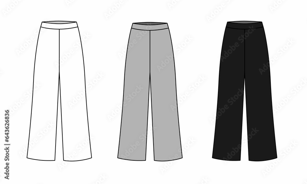 Set of drawings of wide trousers isolate on a white background. Technical drawing of long trousers in white, gray, black colors. Sketch of fashionable knitted pants for women. - obrazy, fototapety, plakaty 