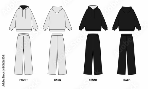 Technical drawing of a sports suit isolate on a white background. Sketch oversized hoodie front and back views. Sketch of wide long trousers, front and back views. Tracksuits front and back views.