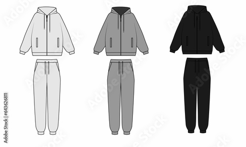 Technical drawing of a unisex tracksuit isolate on a white background. Sketch hoodie with a zipper in the front and joggers in white, gray, black. Template of a fashionable hoodie and sweatpants photo