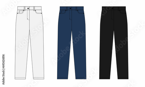 set of jeans isolated on white. Drawing of straight jeans in white, blue, black colors. Technical drawing of simple jeans with five pockets.