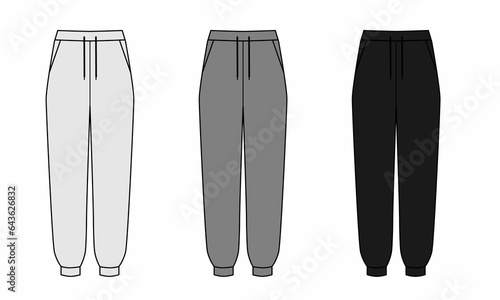 Set of technical drawings of sweatpants, isolate on a white background. Pattern of joggers in gray, white, black colors. Elastic trousers template with pockets, front view. photo