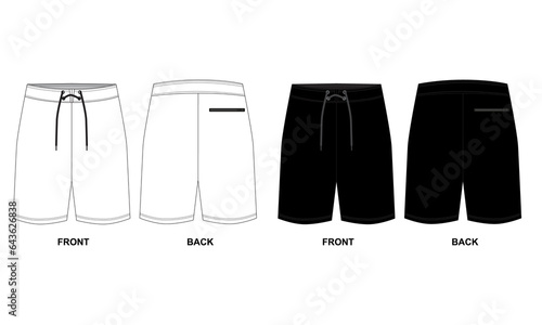 Technical drawing of sports shorts, isolate on a white background. Short shorts pattern front and back view. Pattern of men's shorts front and back views. photo
