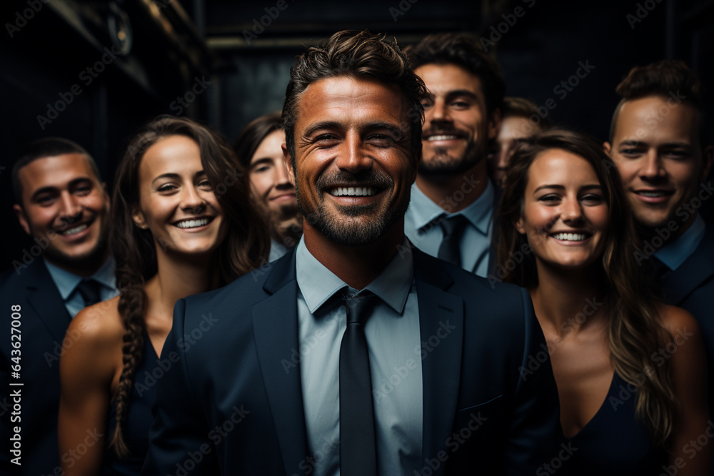 Portrait of laughing business team standing in office a man on front and the other team members on this back Portrait of laughing business team standing in office a man on front and the other team members on this back