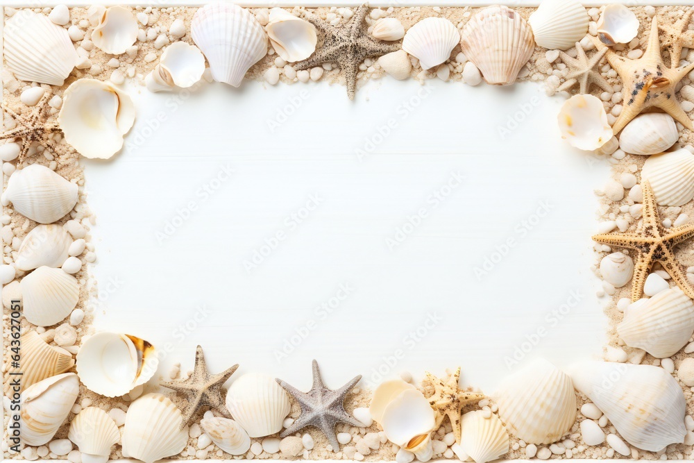 Obraz premium Seashells on light blue background. Sea summer vacation background with space for the text. Top view