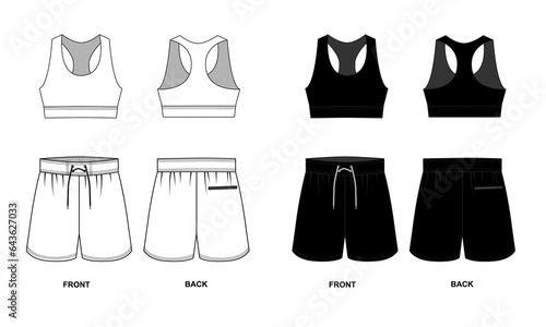 Technical drawing of a sports top and shorts isolate on a white background. Sketch of a crop top and short shorts front and back view. A set of sportswear for women  white and black.