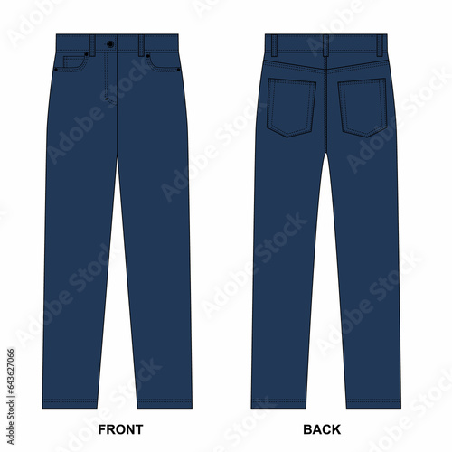 Technical drawing of blue jeans front and back view. Sketch of straight jeans on a white background. Straight-cut denim trousers template. Outline drawing of trousers with pockets in casual style.