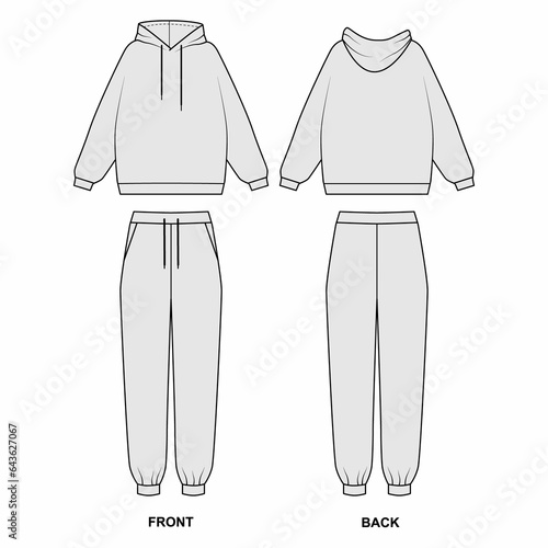 Sketch of a fashionable sports suit in gray. Drawing of a hooded hoodie and sweatpants front and back view. Casual jersey sweatshirt and trousers set.