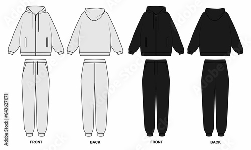 Technical drawing of a tracksuit front and back view, isolate on a white background. Sketchy oversized hoodie with front zip and pockets. Outline Drawing of joggers and a sweatshirt in gray and black  photo