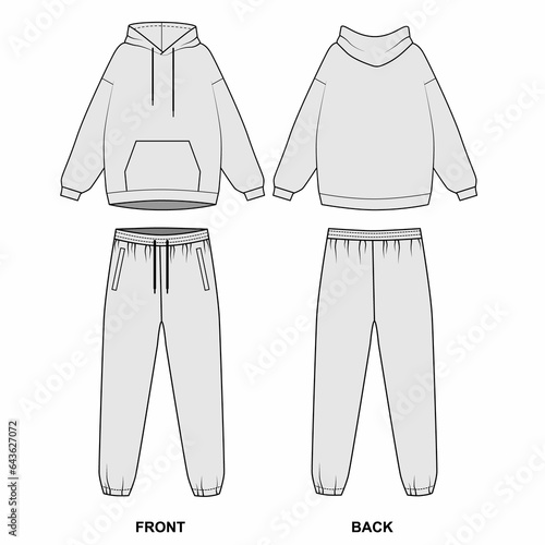 Sketch of a fashionable tracksuit isolate on a white background. Drawing of a pocket hoodie and wide-leg sweatpants, front and back views. A set of sweatshirt with a hood and jersey pants. photo