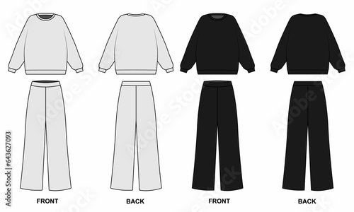 Set of technical drawing of a sports suit, front and back views, isolate on a white background. Sketch of an oversized sweatshirt with a round neck and wide trousers in gray and black.