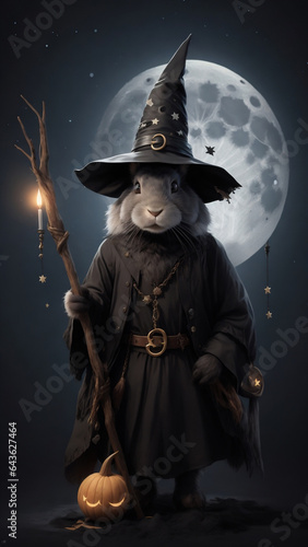 animal wizard in a pointy hat on a moonlit night