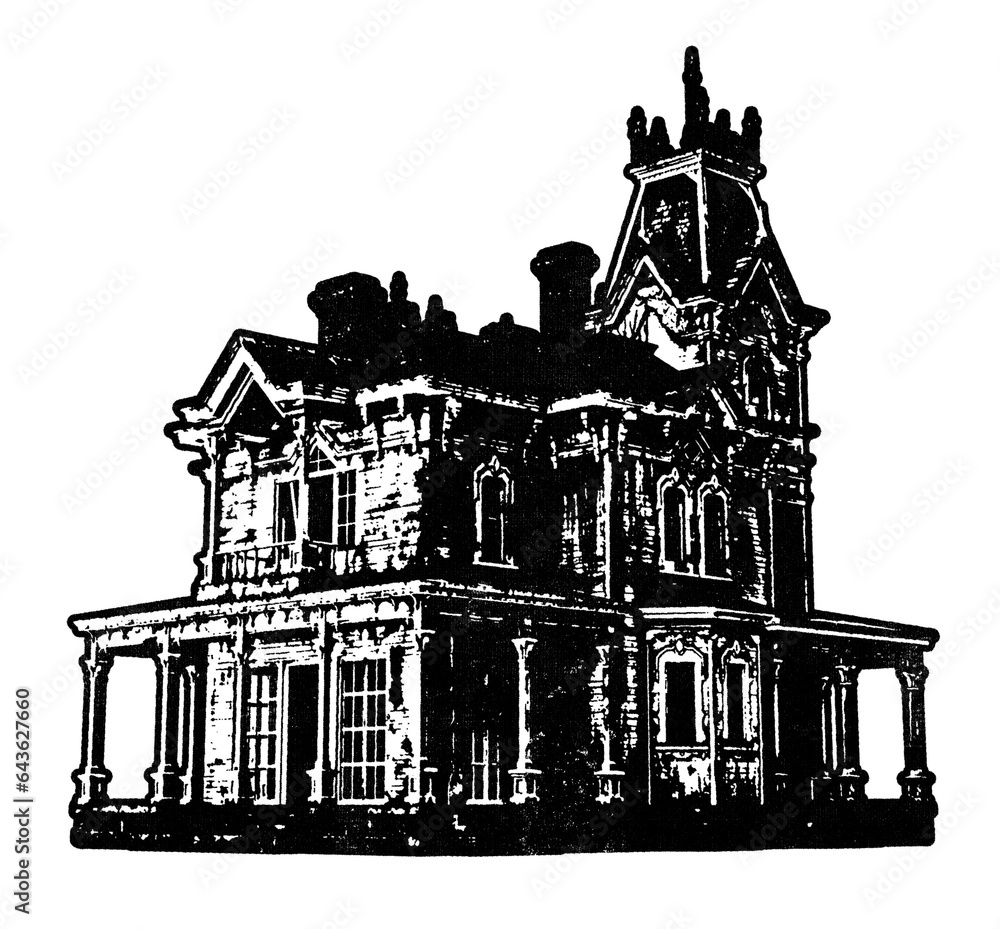 Haunted Victorian mansion retro stencil illustration stamp with distressed grunge texture isolated on transparent background