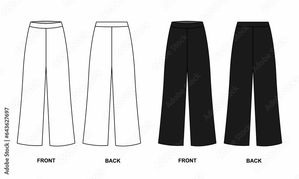 Illustration of fashionable wide trousers isolate on a white background. Outline sketch of wide pants, front and back views. Knitted trousers template for women in casual style. - obrazy, fototapety, plakaty 