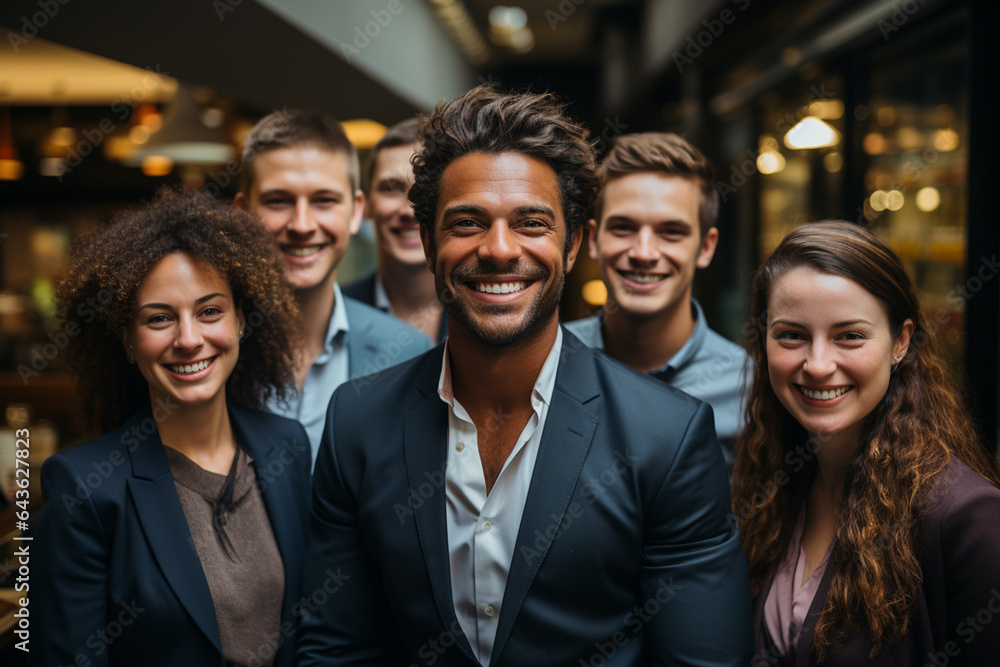 Portrait of laughing business team standing in office a man on front and the other team members on this back Portrait of laughing business team standing in office a man on front and the other team members on this back