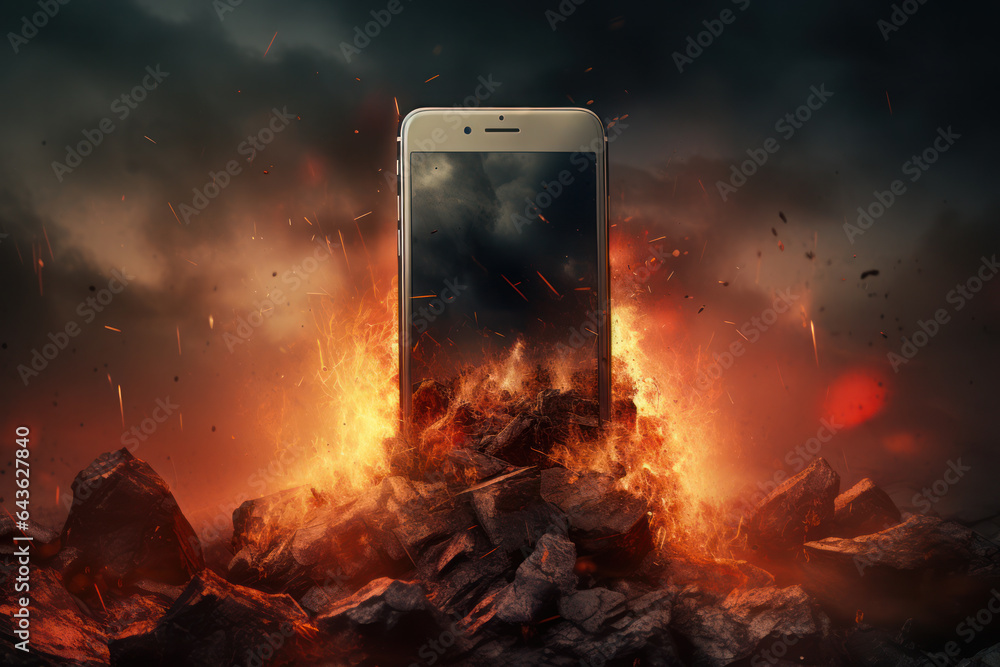 Smart Cellphone on Rocks and Fire, Futuristic, Generative AI