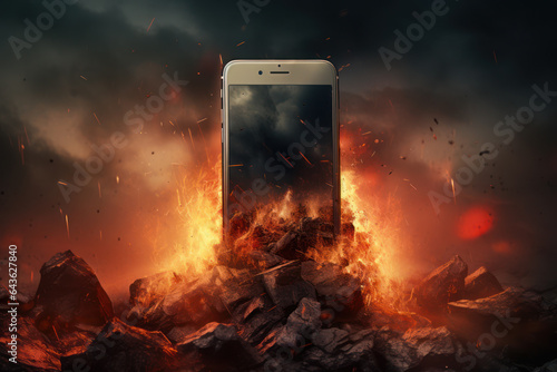 Obraz na płótnie Smart Cellphone on Rocks and Fire, Futuristic, Generative AI w salonie