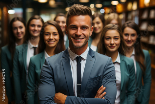 Portrait of laughing business team standing in office a man on front and the other team members on this back