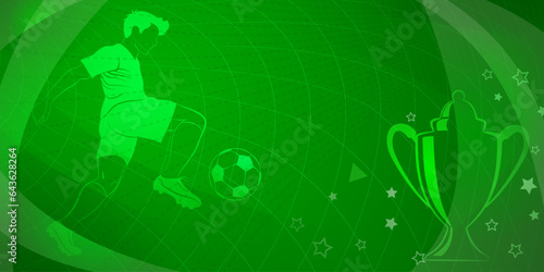 Abstract soccer background with a football player kicking the ball and other sport symbols in green colors