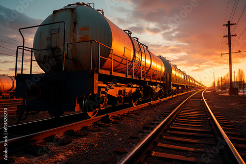 Transportation tank cars with oil during sunset