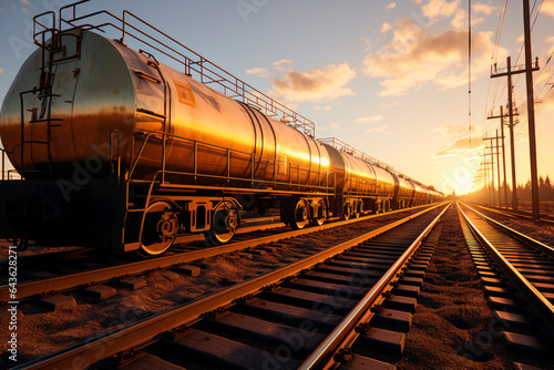 Train cars carrying oil tanks on railway tracks illuminated by the setting sun