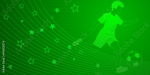 Abstract soccer background with a football player kicking the ball and other sport symbols in green colors