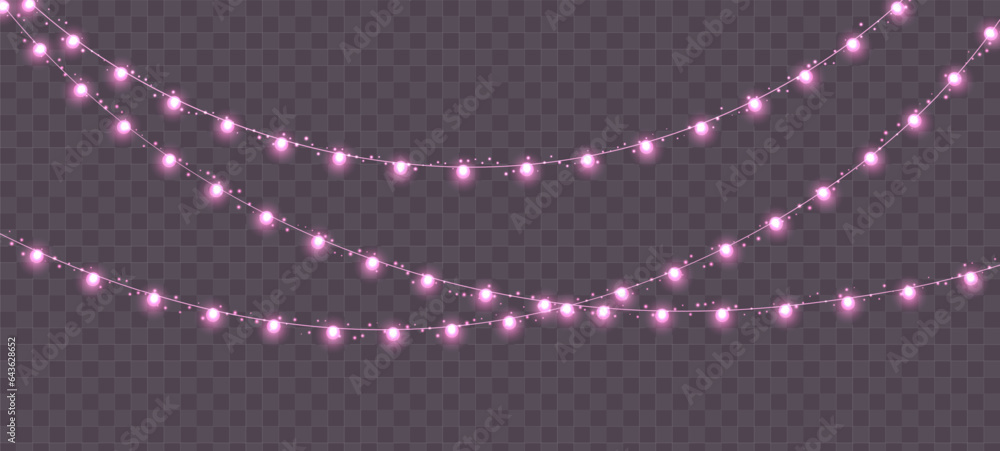 Christmas garland, glowing pink light bulbs string with sparkles. Romantic lights isolated on a dark background. Vector Valentine's day event decoration. Winter holiday season element.