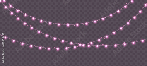 Christmas garland, glowing pink light bulbs string with sparkles. Romantic lights isolated on a dark background. Vector Valentine's day event decoration. Winter holiday season element.