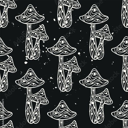 Magic Mushrooms mandala. Psychedelic pattern. Vector illustration. Zen Boho art. Decorative mushrooms, hippie, hallucination psilocybin 60s 70s