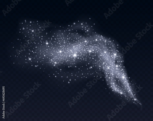 Silver dust cloud with sparkles isolated on dark background. Stardust sparkling background. Glowing glitter smoke or splash. Vector illustration. Christmas decoration.