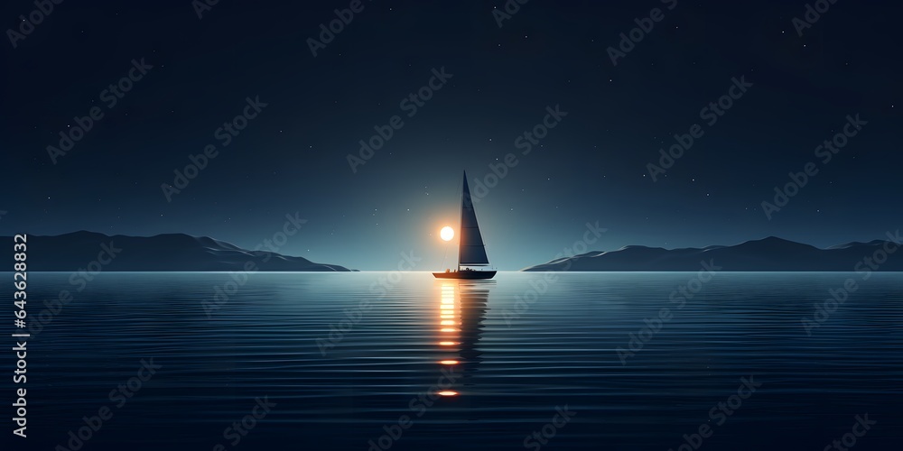 Sailing boat in the sea at night with starry sky. Minimalist sailing background of a sailboat reflecting on the still water. - obrazy, fototapety, plakaty 