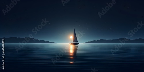 Sailing boat in the sea at night with starry sky. Minimalist sailing background of a sailboat reflecting on the still water.