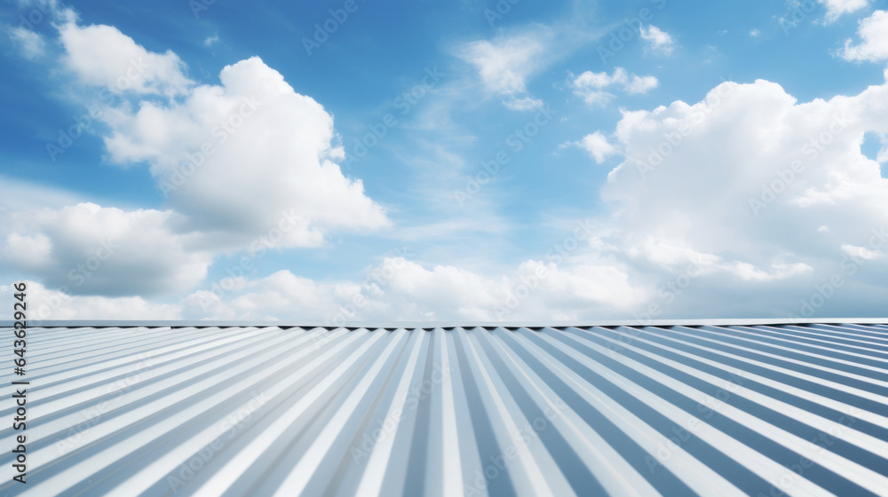 Metal sheet roof, Galvanized surface, steel roofing sheet, house and sky view with bright white clouds in sunny day. - obrazy, fototapety, plakaty 