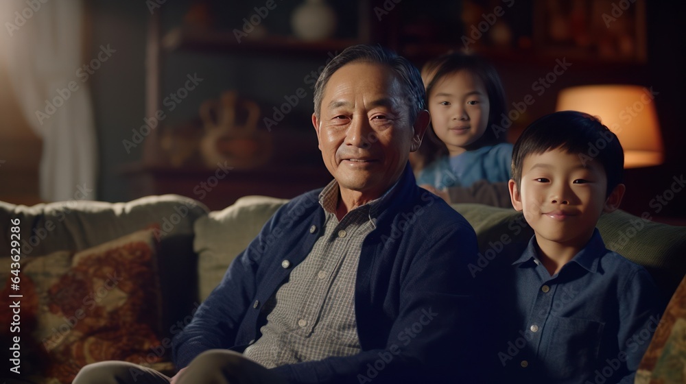 Happy asian grandparent with grandkids