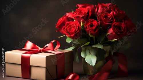 Beautiful background with a bouquet of roses and a gift