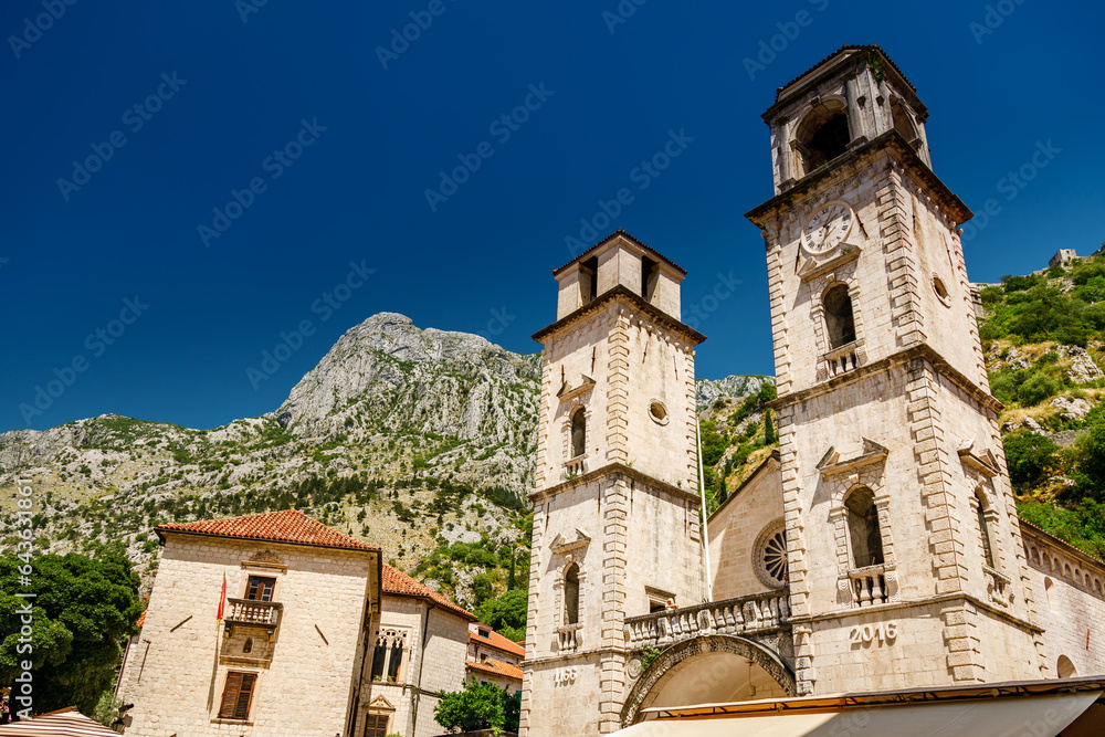 Bell towers of St Tryphon Cathedral, or just Kotor Cathedral in the old town of Kotor, Montenegro