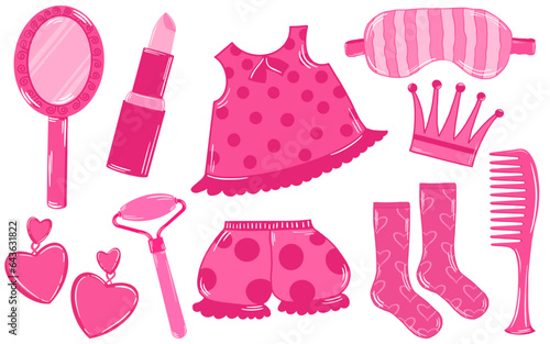 Barbiecore set. Pink trendy set, pink doll aesthetic accessories and clothing. Sleeping pink doll set.