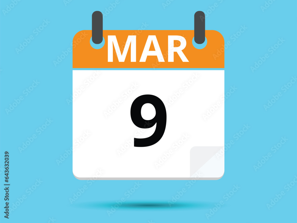 9 March. Flat icon calendar isolated on blue background. Vector illustration. 9 March. Flat icon calendar isolated on blue background. Vector illustration.