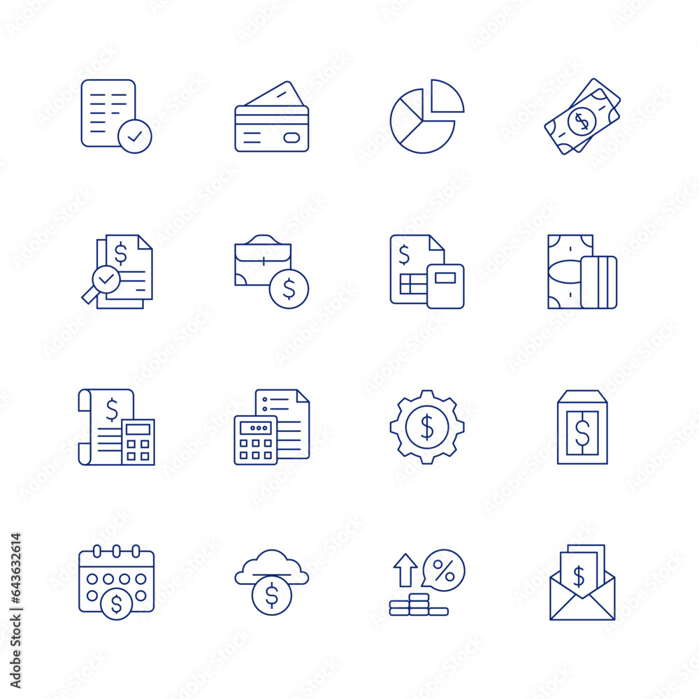 Luxury line icon set on transparent background with editable stroke. Containing accept, atm, audit, briefcase, budget, calculator, calendar, cloud, data management, finance, gear, interest rate.