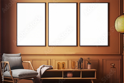 Three vertical blank frames on wall in wooden interior