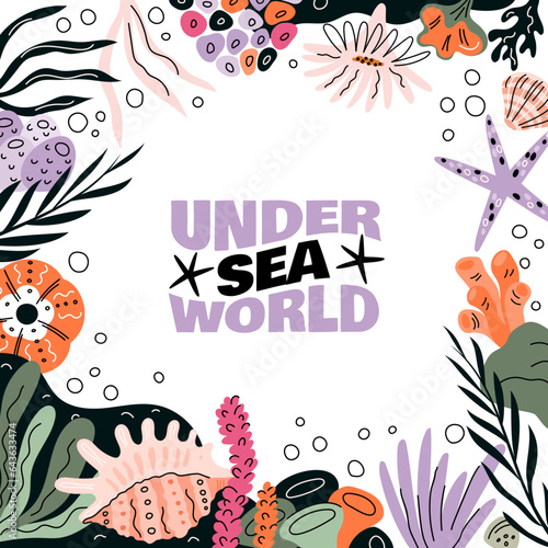 Cartoon decorative seashell square frame. Underwater ocean elements. Summer travel background. Tropical seaweeds. Undersea mollusks shells. Scallop and starfish. Garish vector concept
