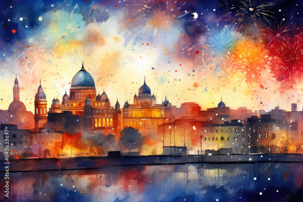 Cityscape Symphony: Vibrant Watercolor Fireworks