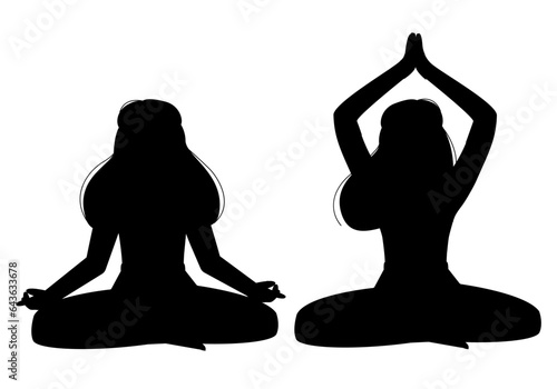 Silhouettes of a slender young girl who is meditating.