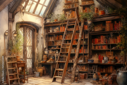 Charming Old Library with Piles of Manuscripts © Andrii 