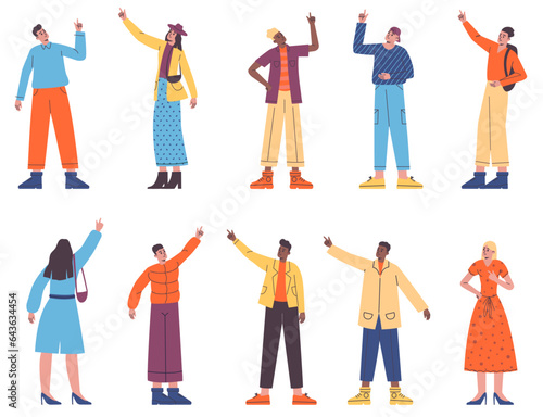 Cartoon people looking up. Men and women point with fingers upwards. Young persons standing backside. Target search. Girls showing with forefingers. Guys raising hands. Vector poses set