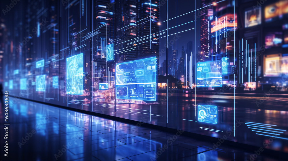 Fototapeta premium Transparent displays in the city of the future. Created with generative Ai technology. 