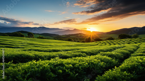 A picturesque sunset over lush green tea fields
