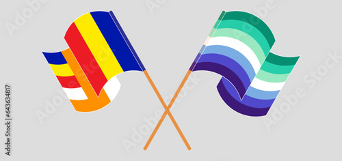 Crossed and waving flags of Buddhism and gay men pride