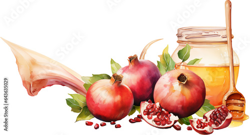 Rosh Hashanah jewish holiday watercolor clipart, jewish new year card, Harvest clipart with jewish religious traditions