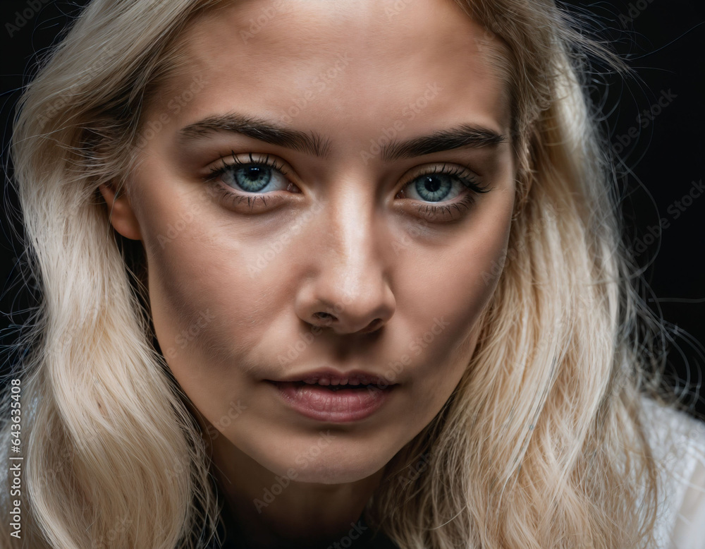 photo of close up beautiful european woman with blonde hair color in black background, generative AI photo of close up beautiful european woman with blonde hair color in black background, generative AI
